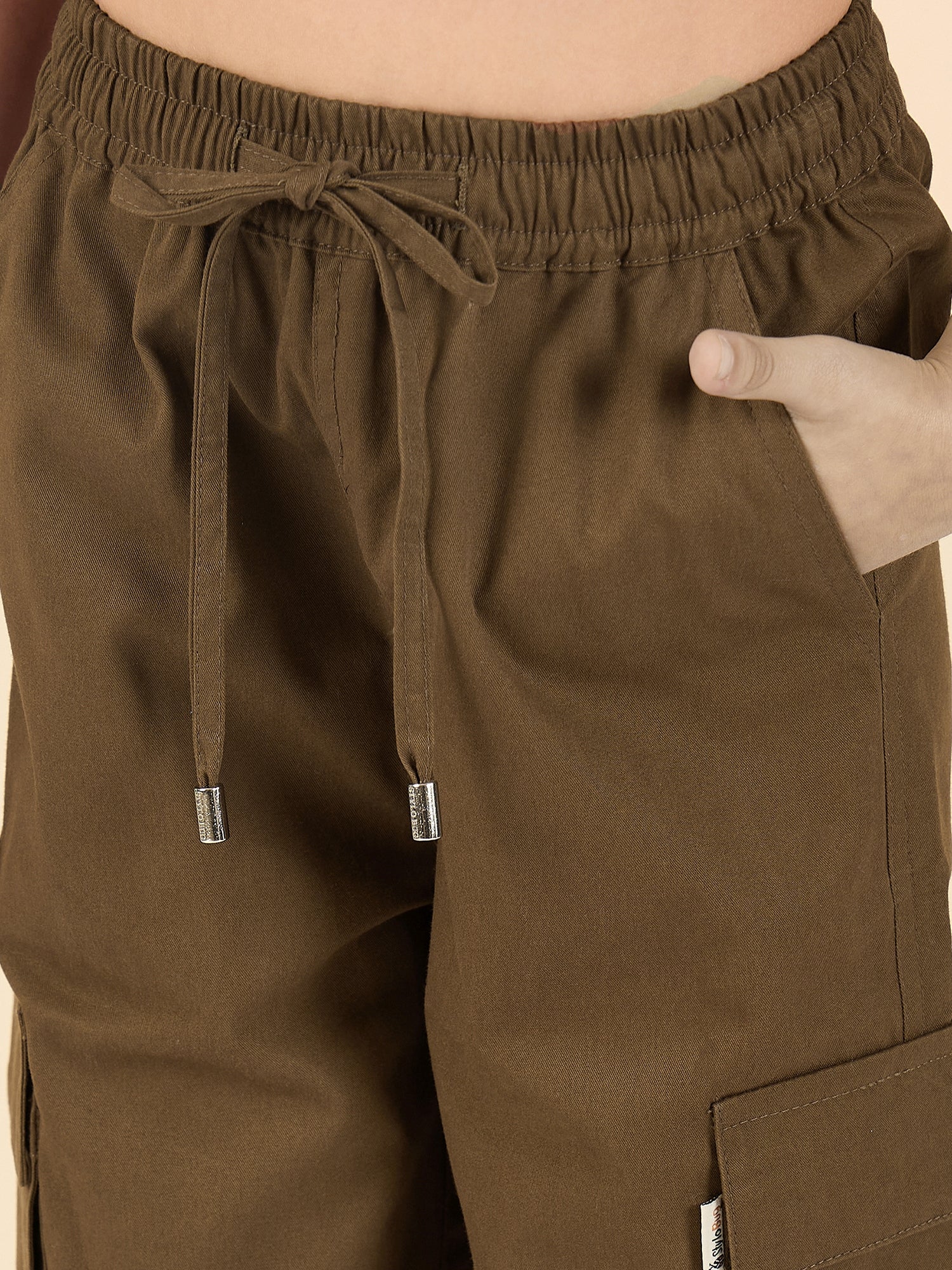 Girls Ankle Length Solid Cargo Pants - Brown