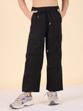 Girls Ankle Length Solid Cargo Pants - Black