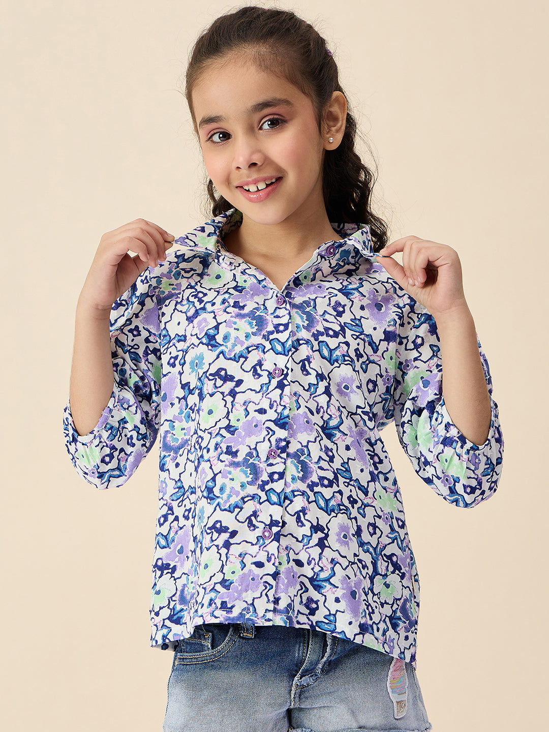Girls Hip length All over Print Top - Blue