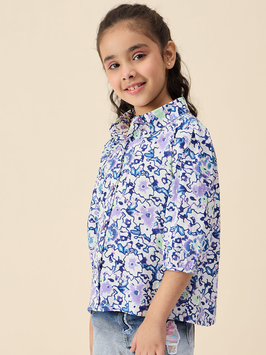 Girls Hip length All over Print Top - Blue