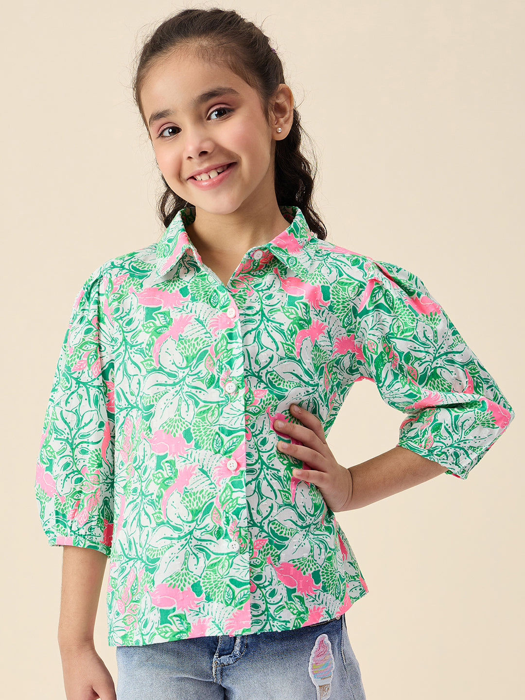Girls Hip length All over Print Top - Green