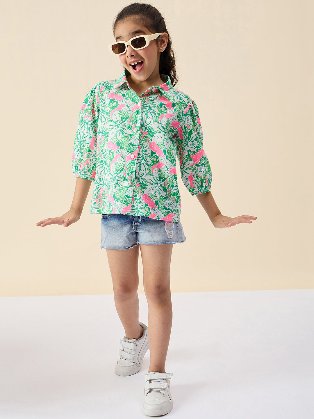 Girls Hip length All over Print Top - Green
