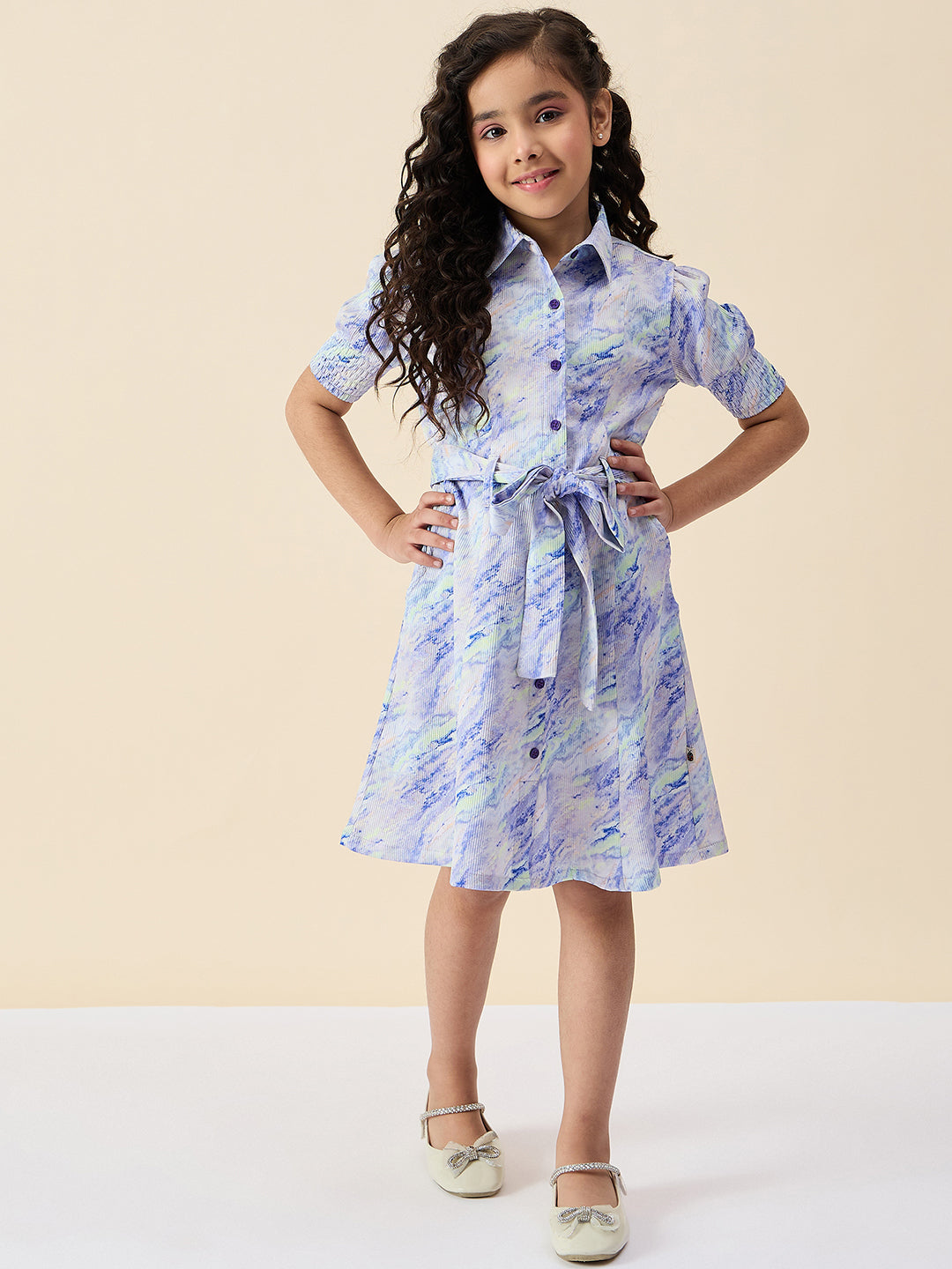 Girls Knee Length All over Print Dress - Blue