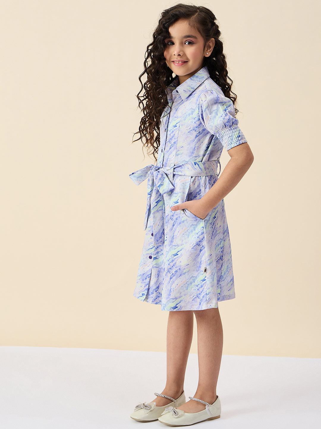 Girls Knee Length All over Print Dress - Blue