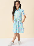 Girls Knee Length All over Print Dress - Green
