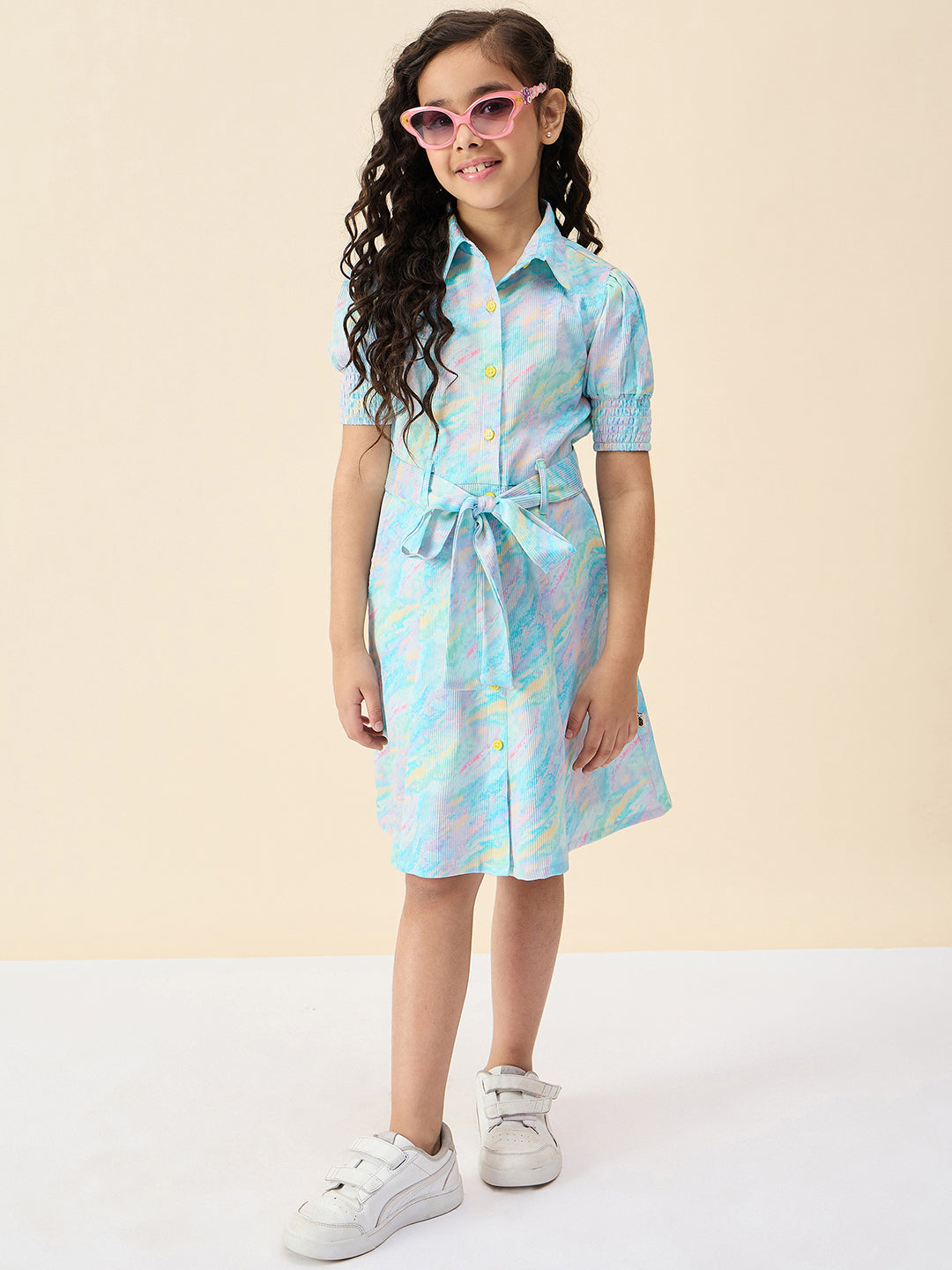 Girls Knee Length All over Print Dress - Green