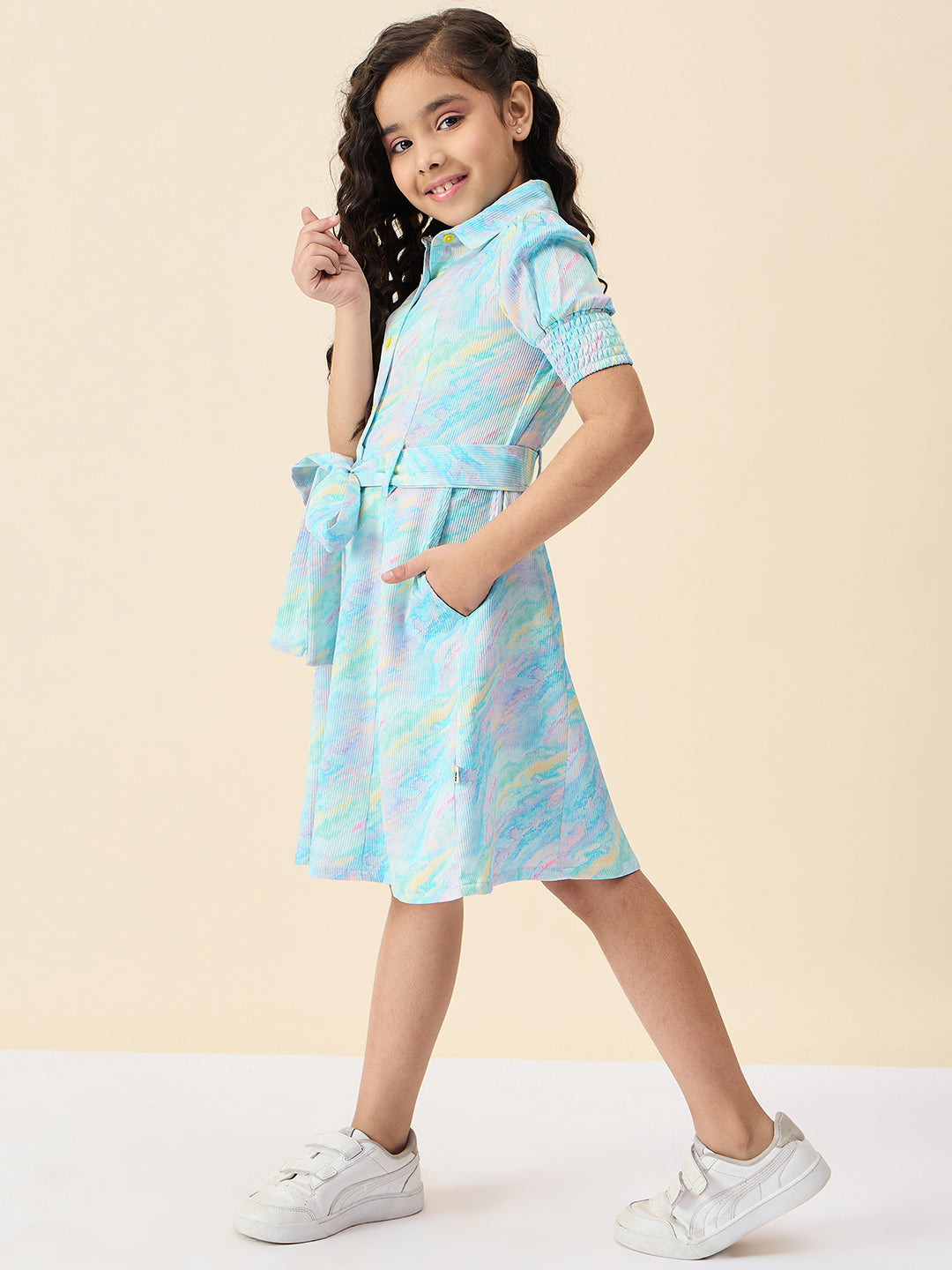 Girls Knee Length All over Print Dress - Green