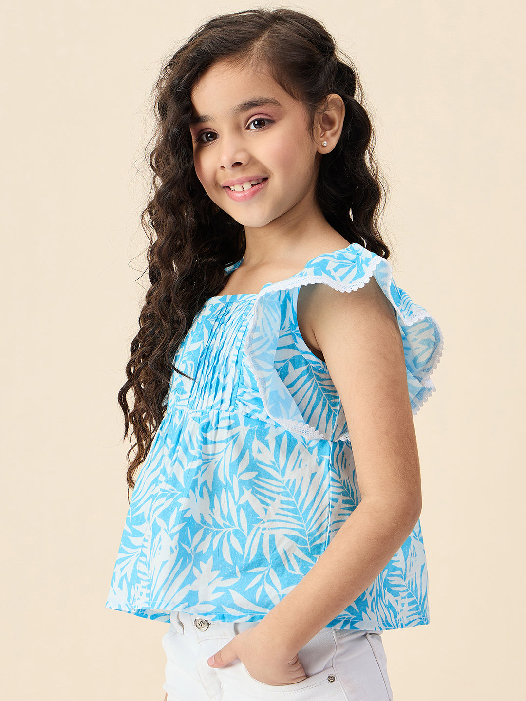 Girls Hip length All over Print Top - Blue