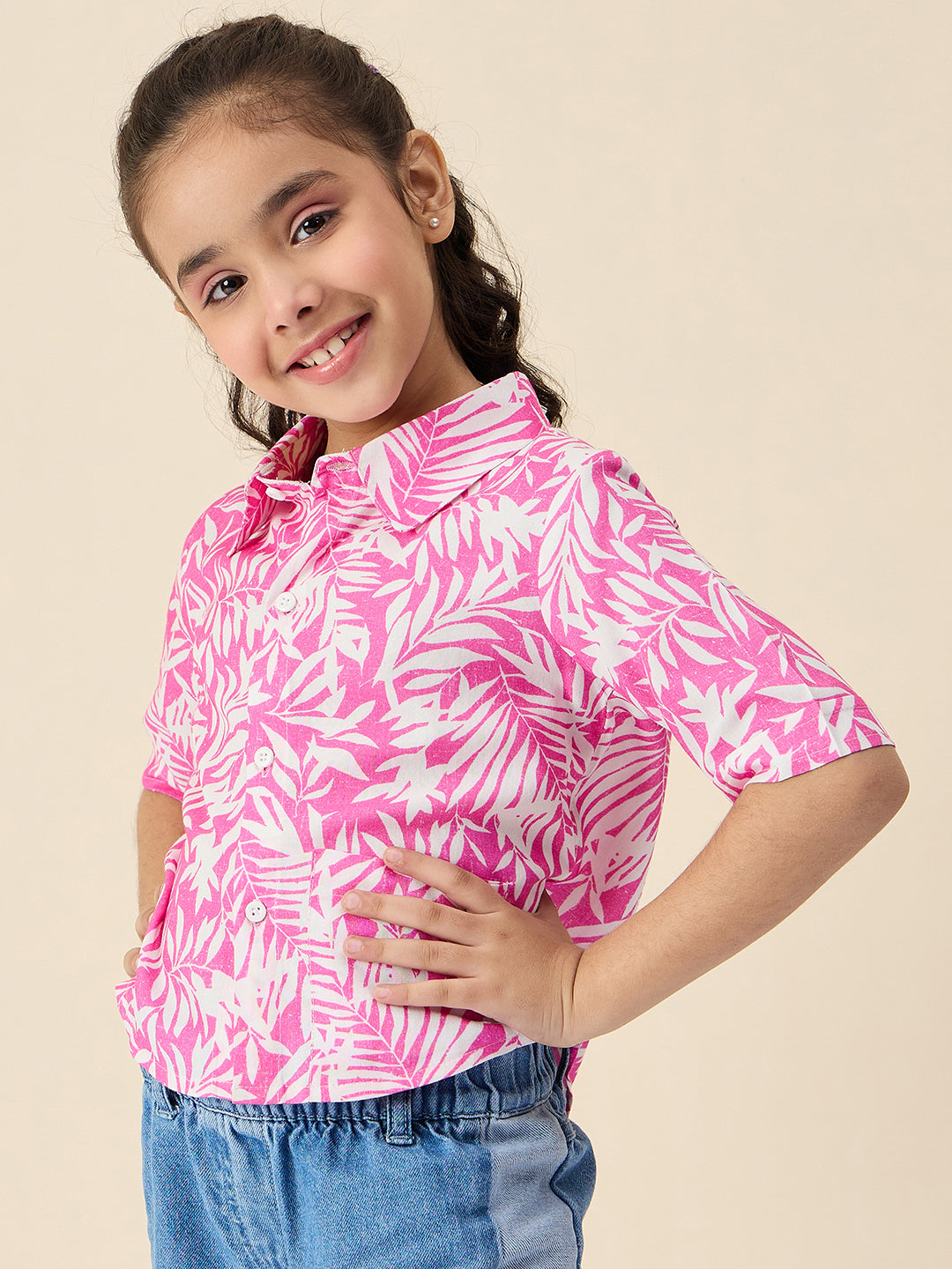 Girls Hip length All over Print Top - Pink