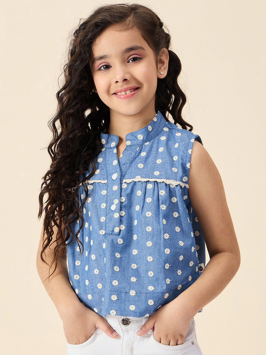 Girls Hip length Embroidery Top - Blue