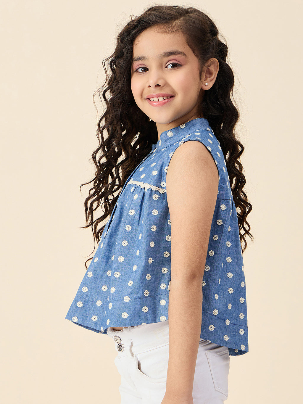 Girls Hip length Embroidery Top - Blue