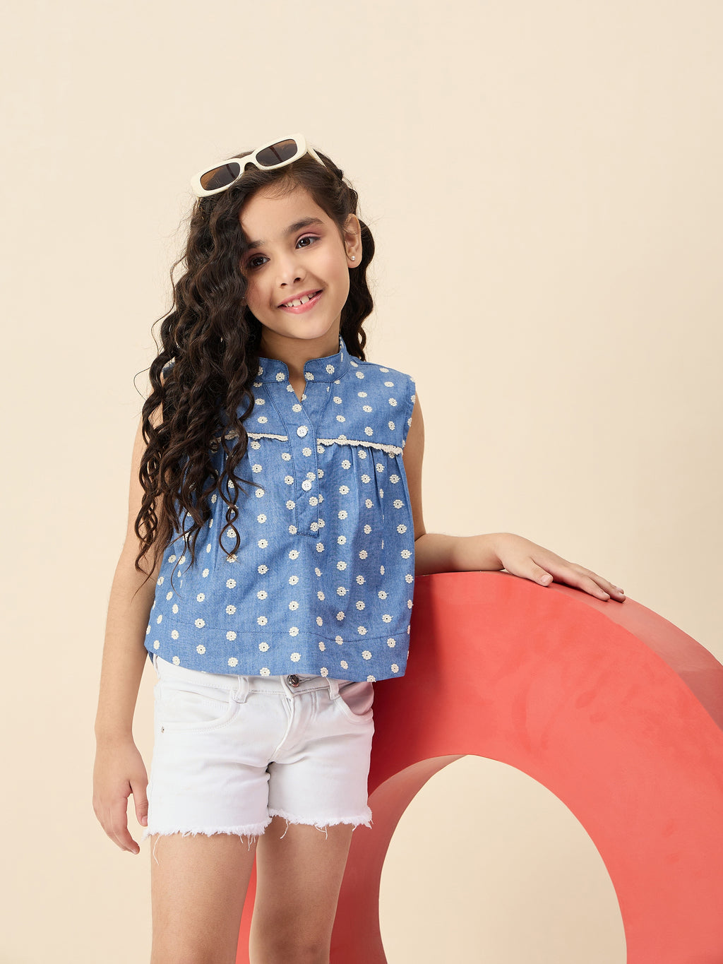 Girls Hip length Embroidery Top - Blue