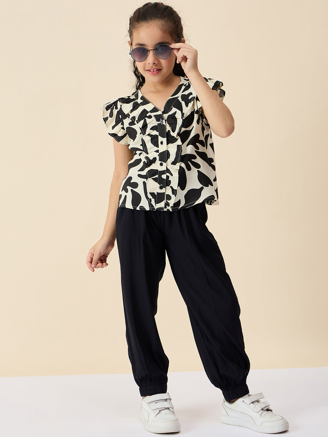 Girls Ankle Length All over Print Top With Pants - Black