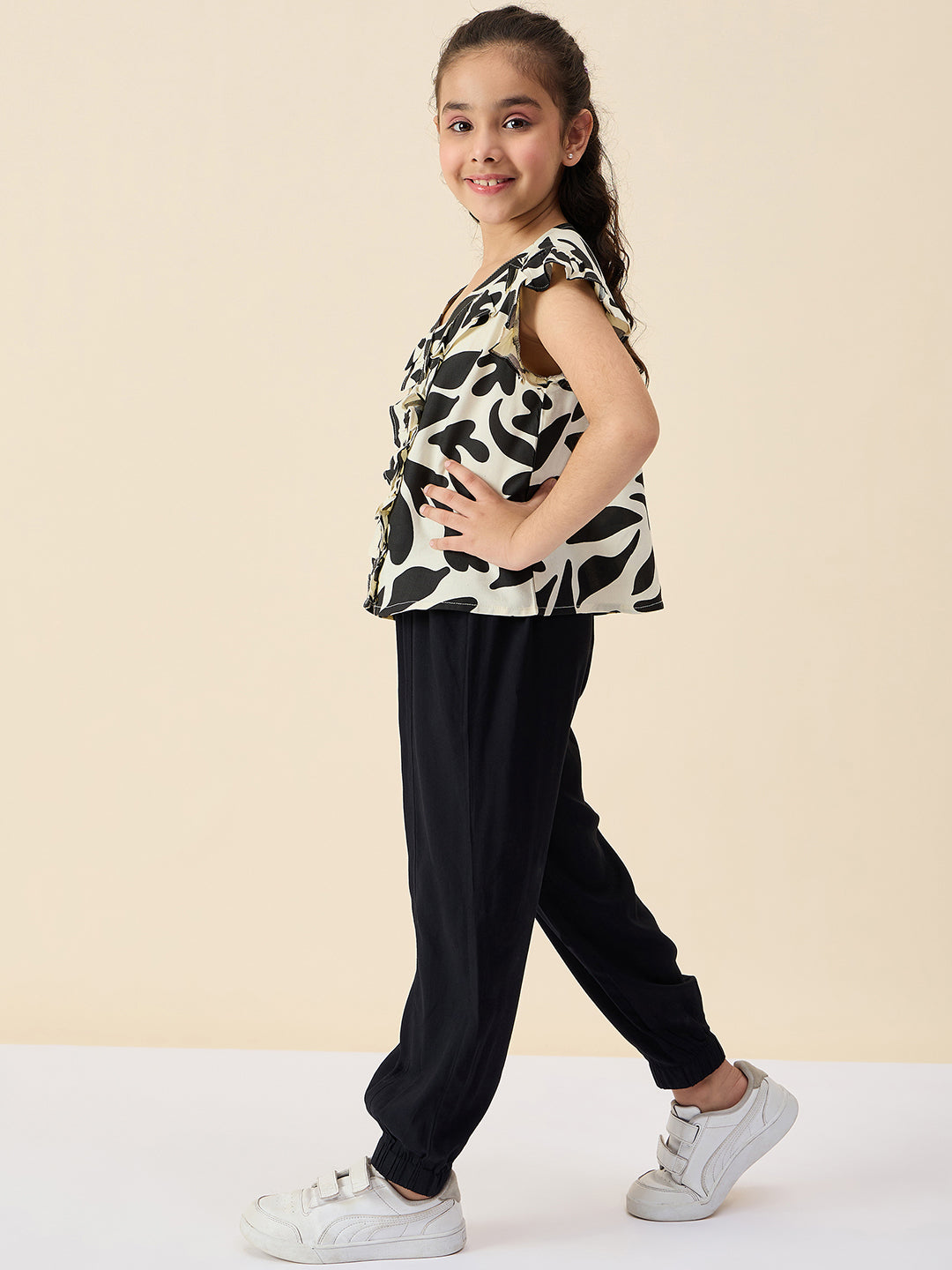 Girls Ankle Length All over Print Top With Pants - Black