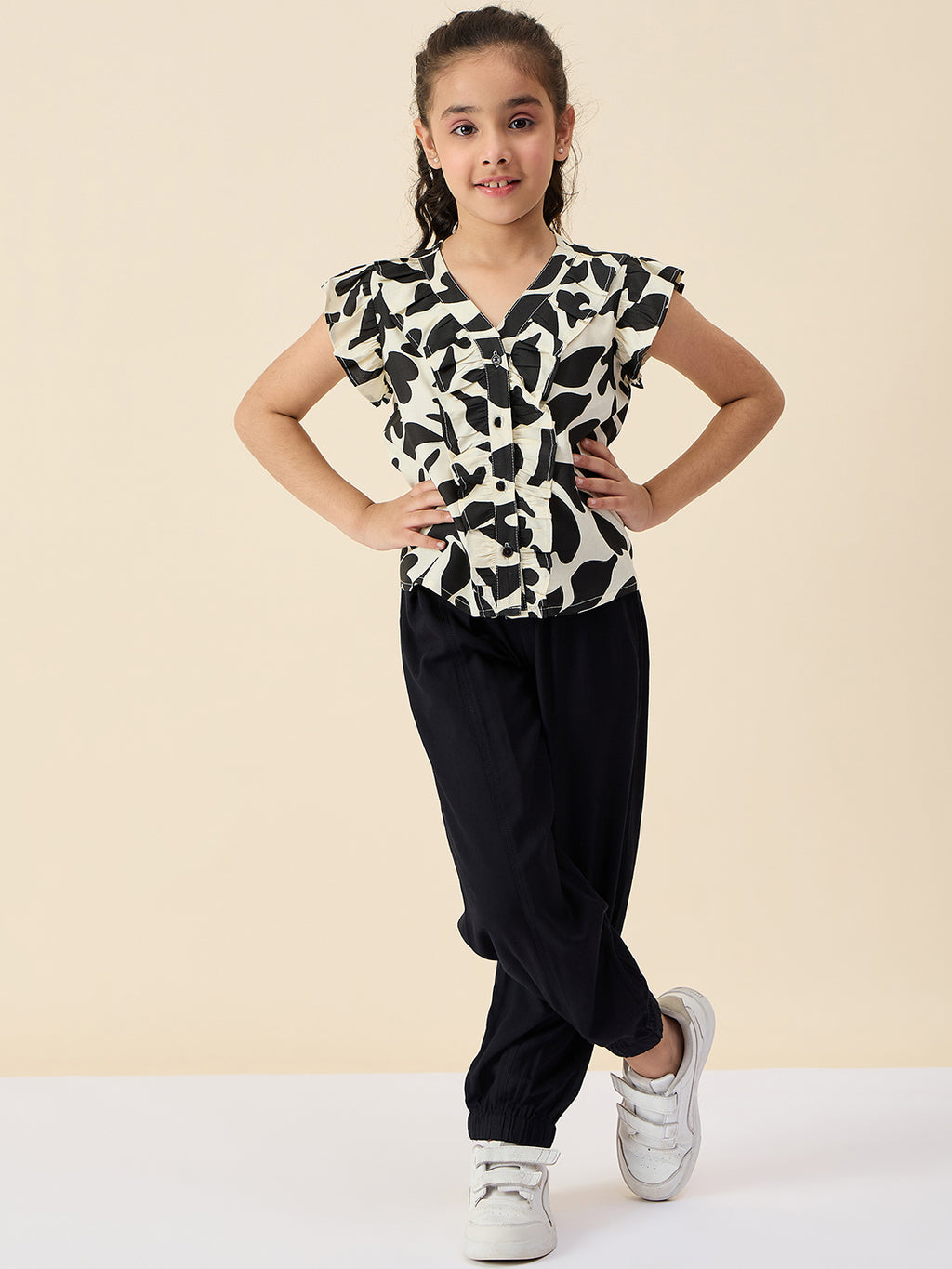 Girls Ankle Length All over Print Top With Pants - Black