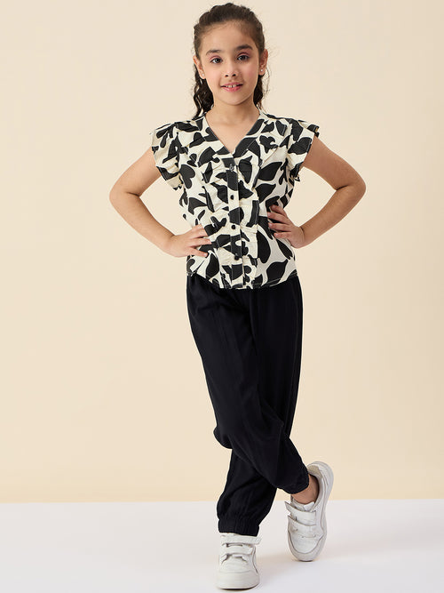Girls Ankle Length All over Print Top With Pants - Black