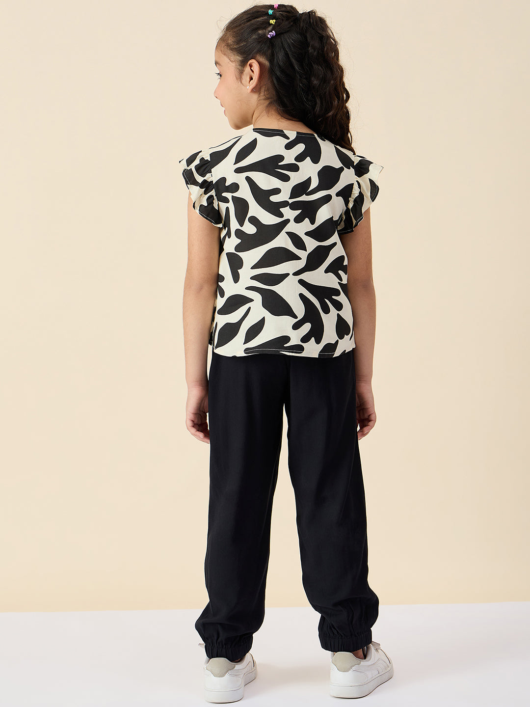 Girls Ankle Length All over Print Top With Pants - Black
