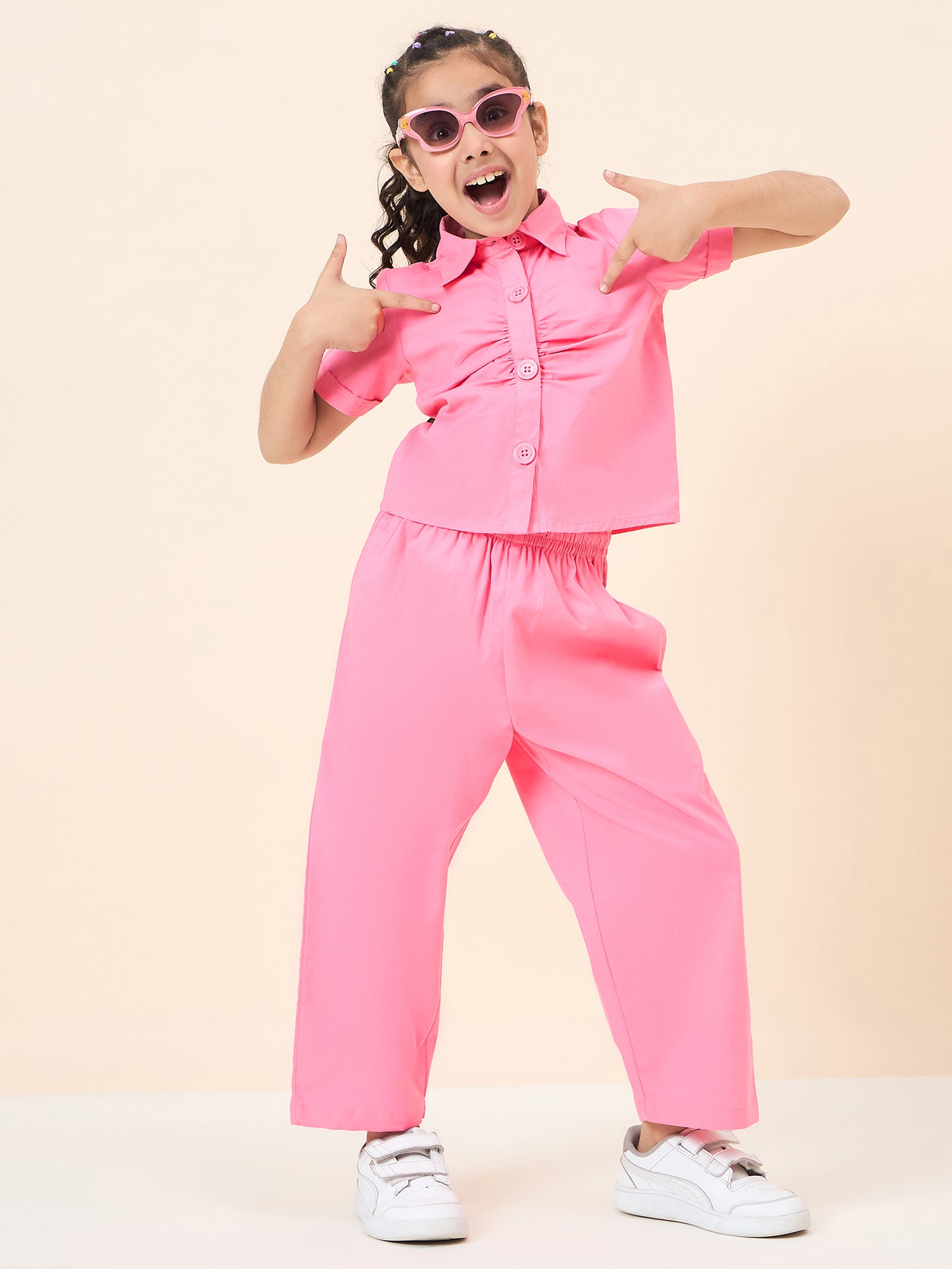 Girls Ankle Length Solid Top With Pants - Pink