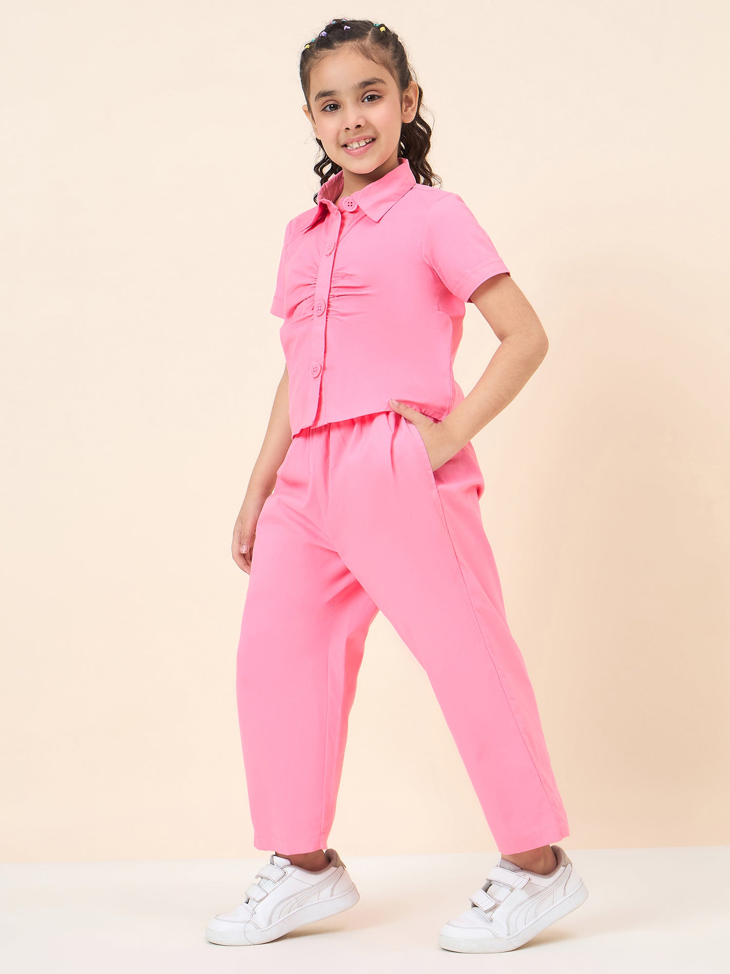 Girls Ankle Length Solid Top With Pants - Pink