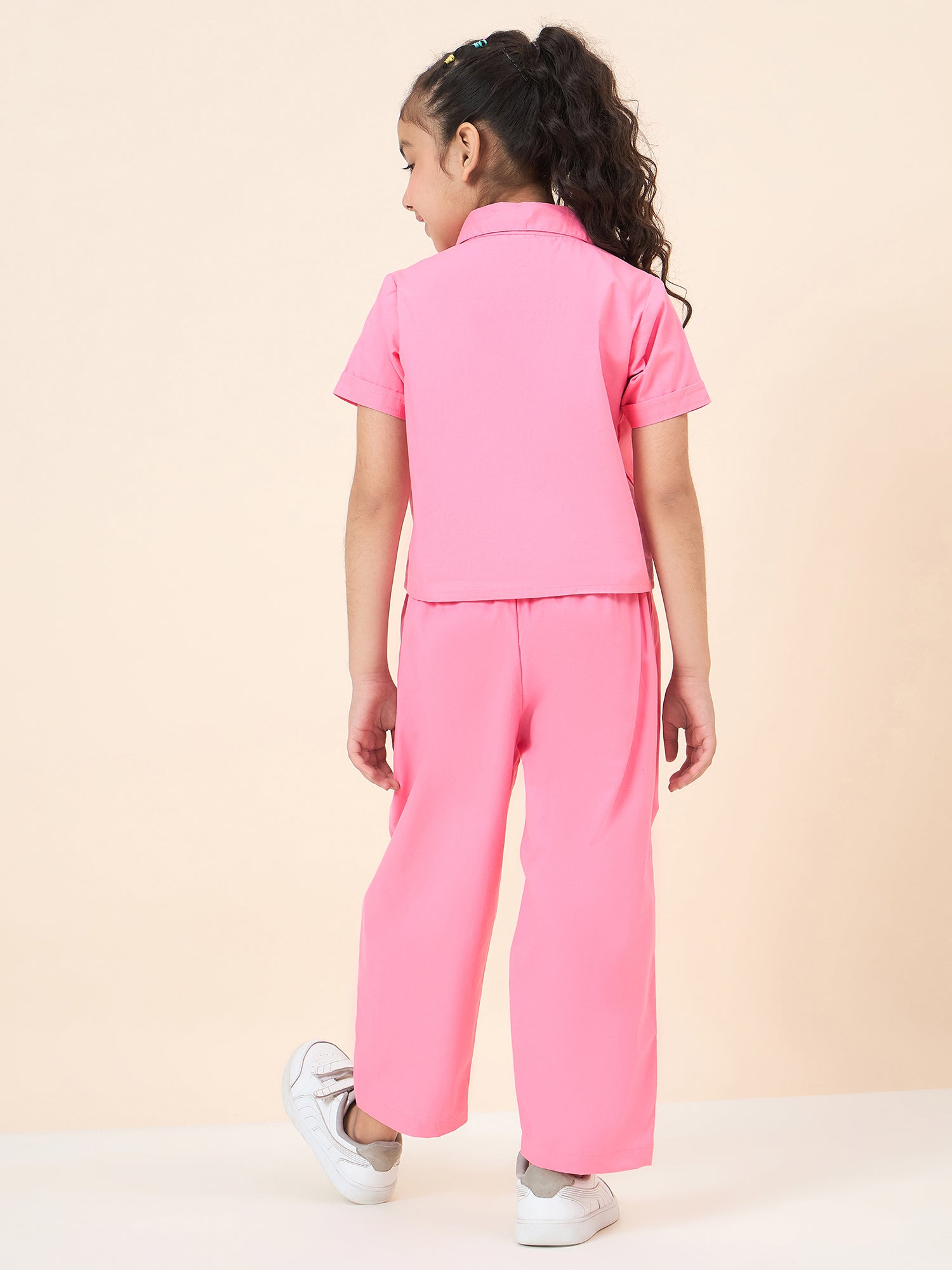 Girls Ankle Length Solid Top With Pants - Pink