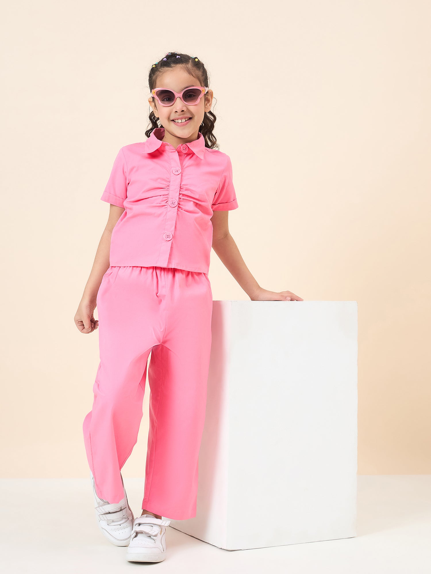 Girls Ankle Length Solid Top With Pants - Pink