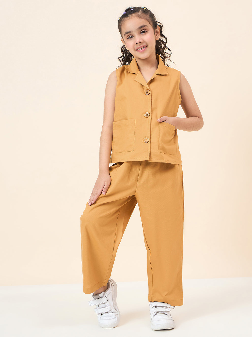 Girls Ankle Length Solid Top With Pants - Mustard