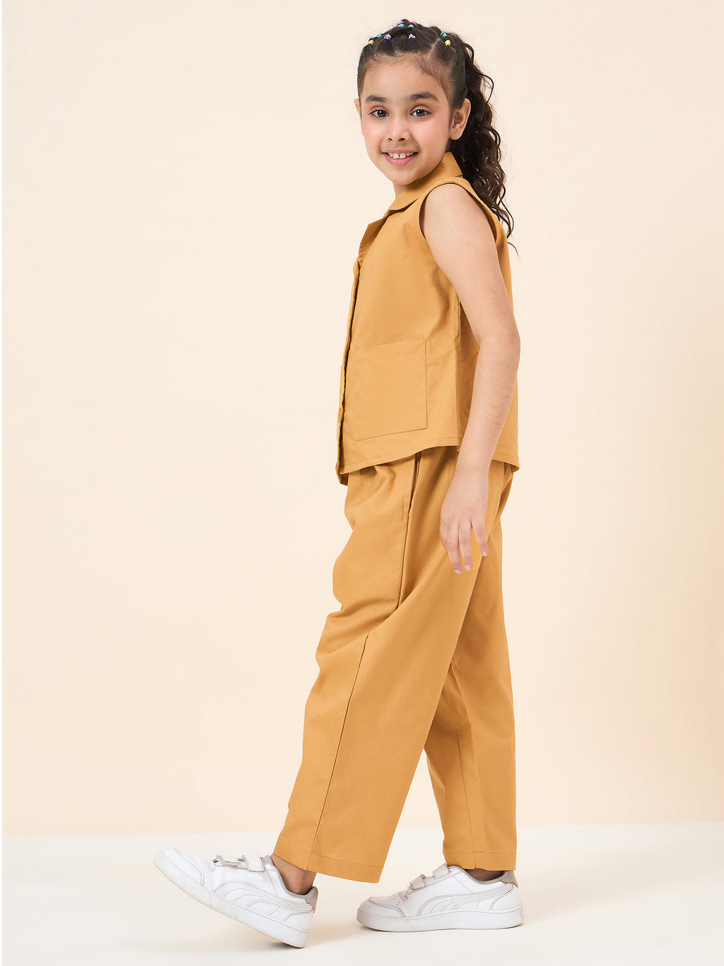 Girls Ankle Length Solid Top With Pants - Mustard