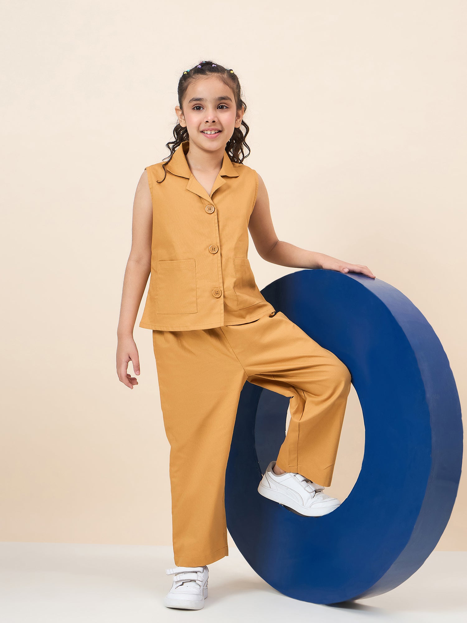 Girls Ankle Length Solid Top With Pants - Mustard