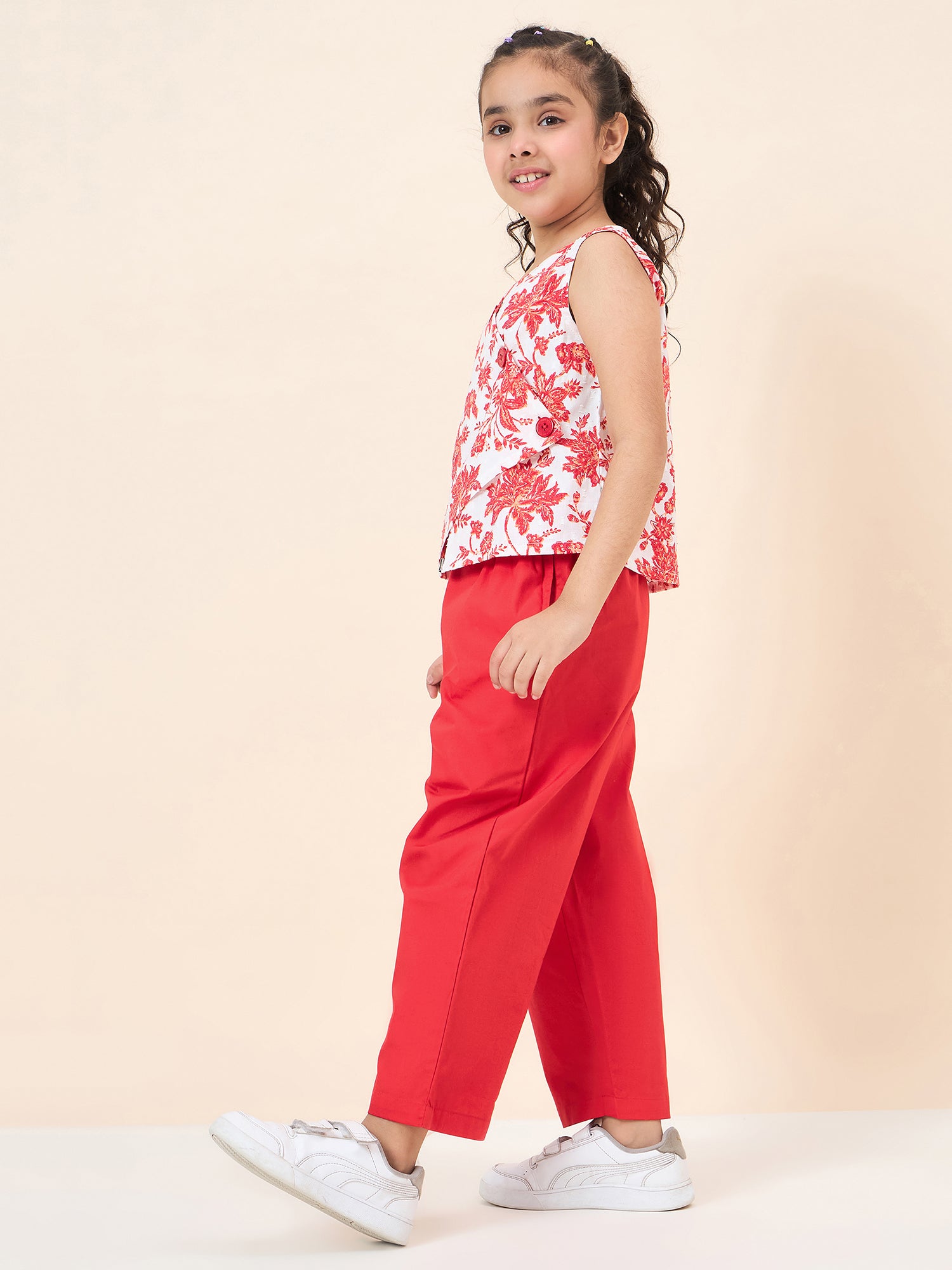 Girls Ankle Length All over Print Top With Pants - Red