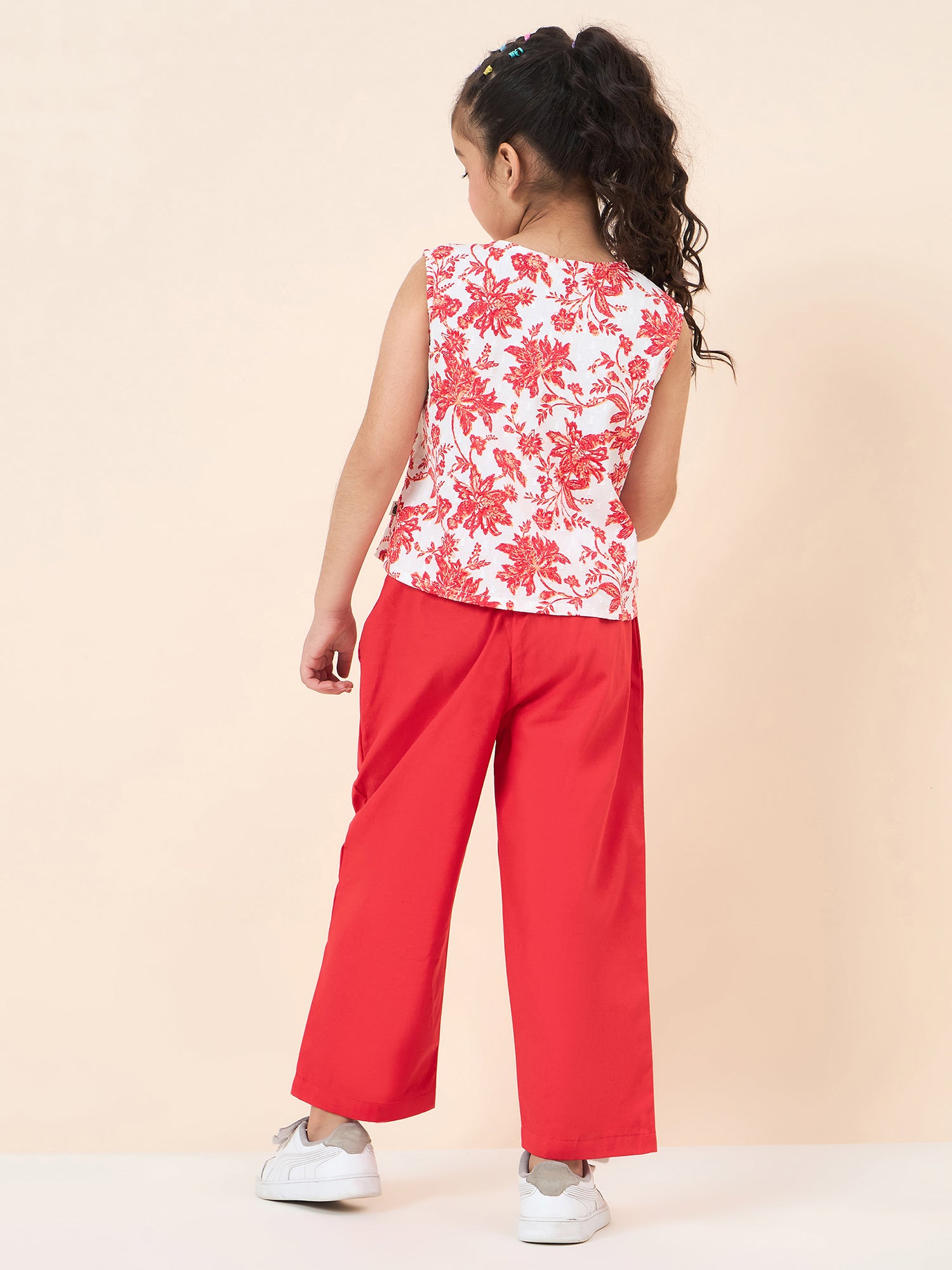 Girls Ankle Length All over Print Top With Pants - Red