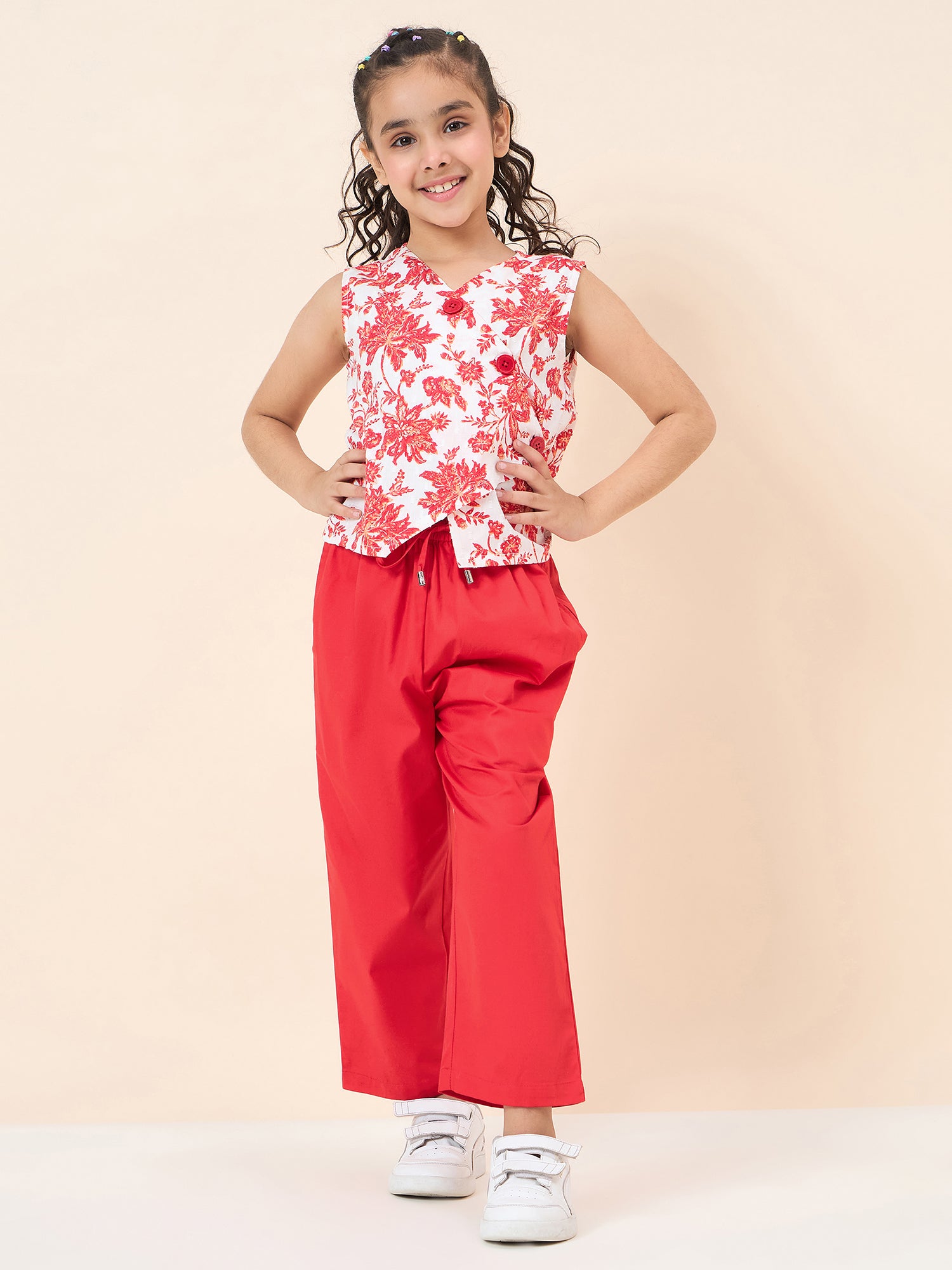 Girls Ankle Length All over Print Top With Pants - Red