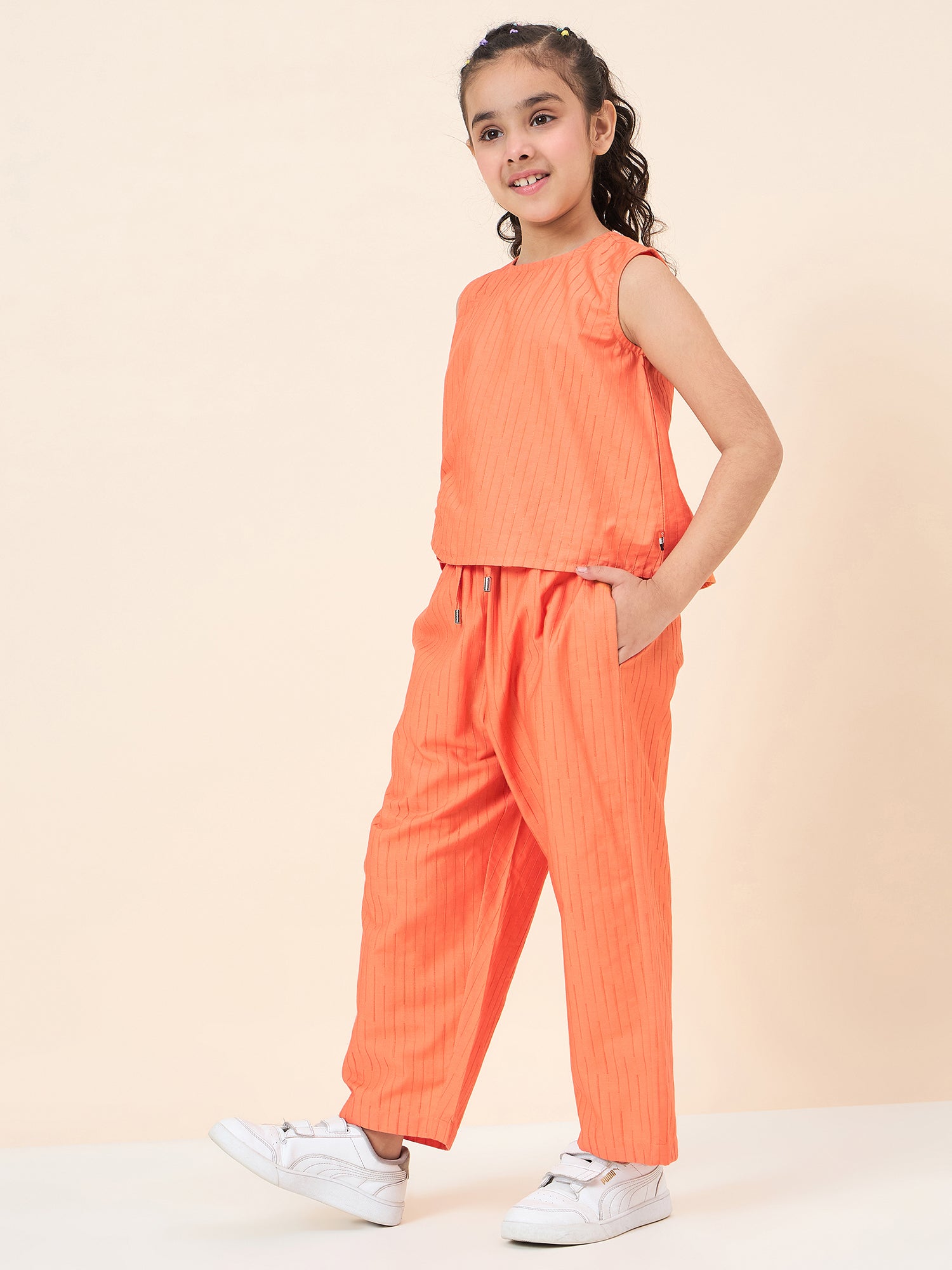 Girls Ankle Length Solid Top With Pants - Orange
