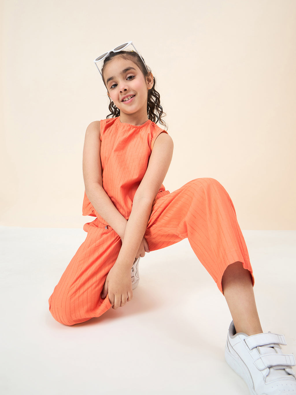 Girls Ankle Length Solid Top With Pants - Orange