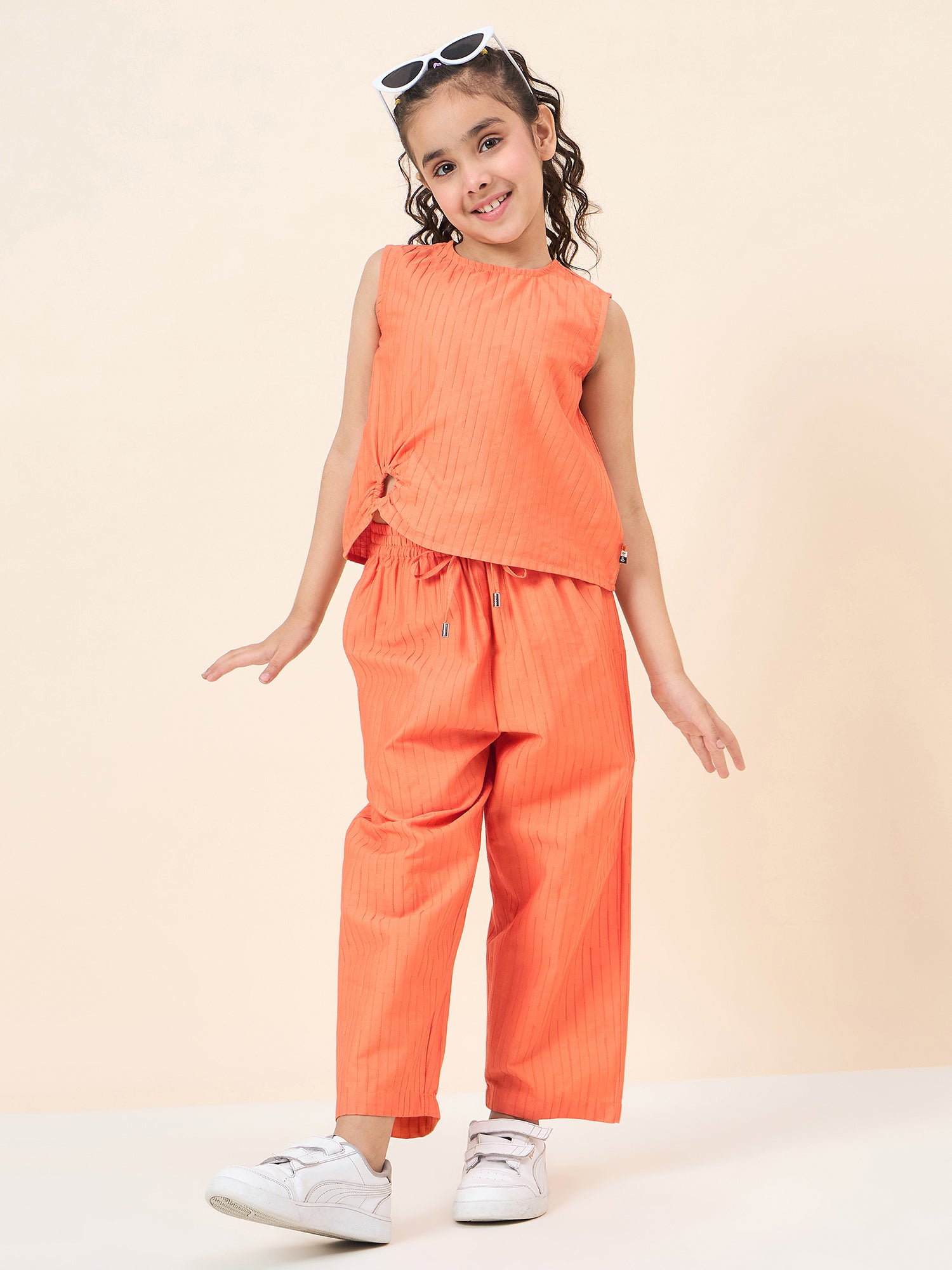 Girls Ankle Length Solid Top With Pants - Orange
