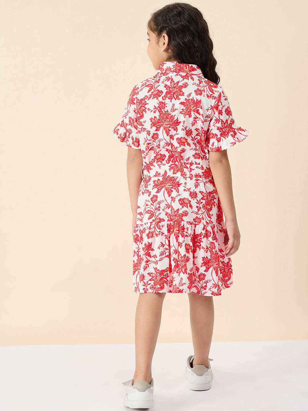 Girls Knee Length All over Print Dress - Red