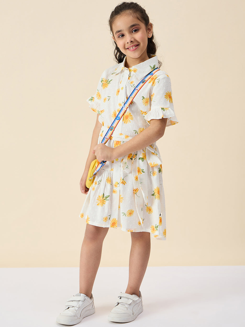 Girls Knee Length All over Print Dress - Yellow