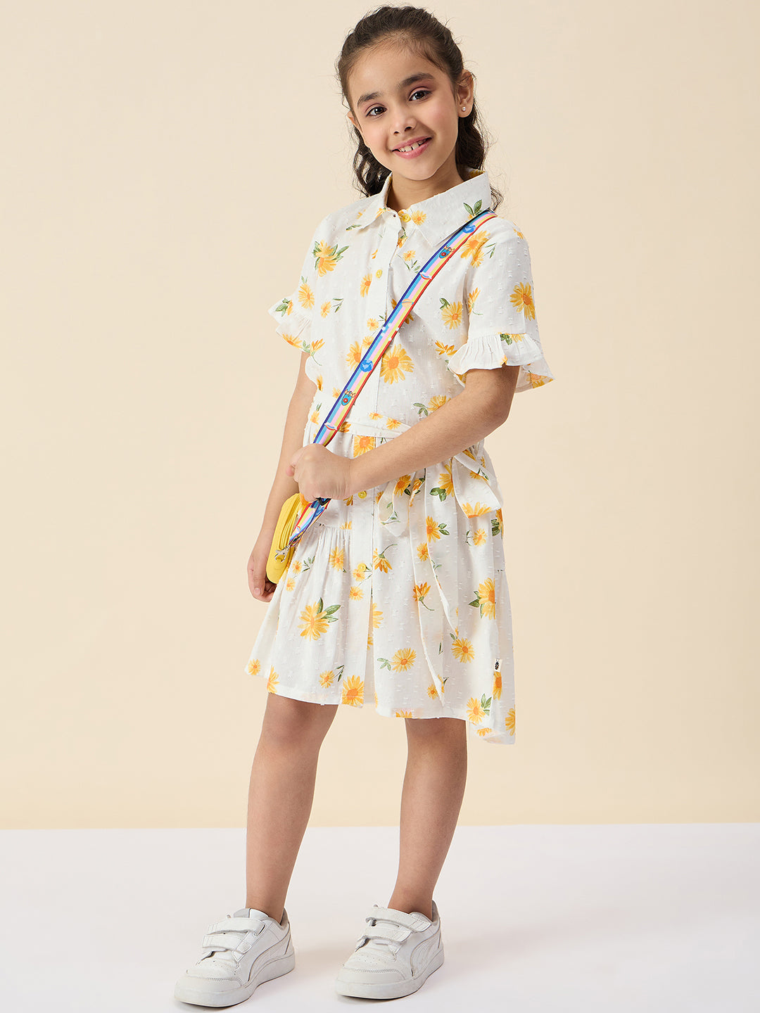 Girls Knee Length All over Print Dress - Yellow