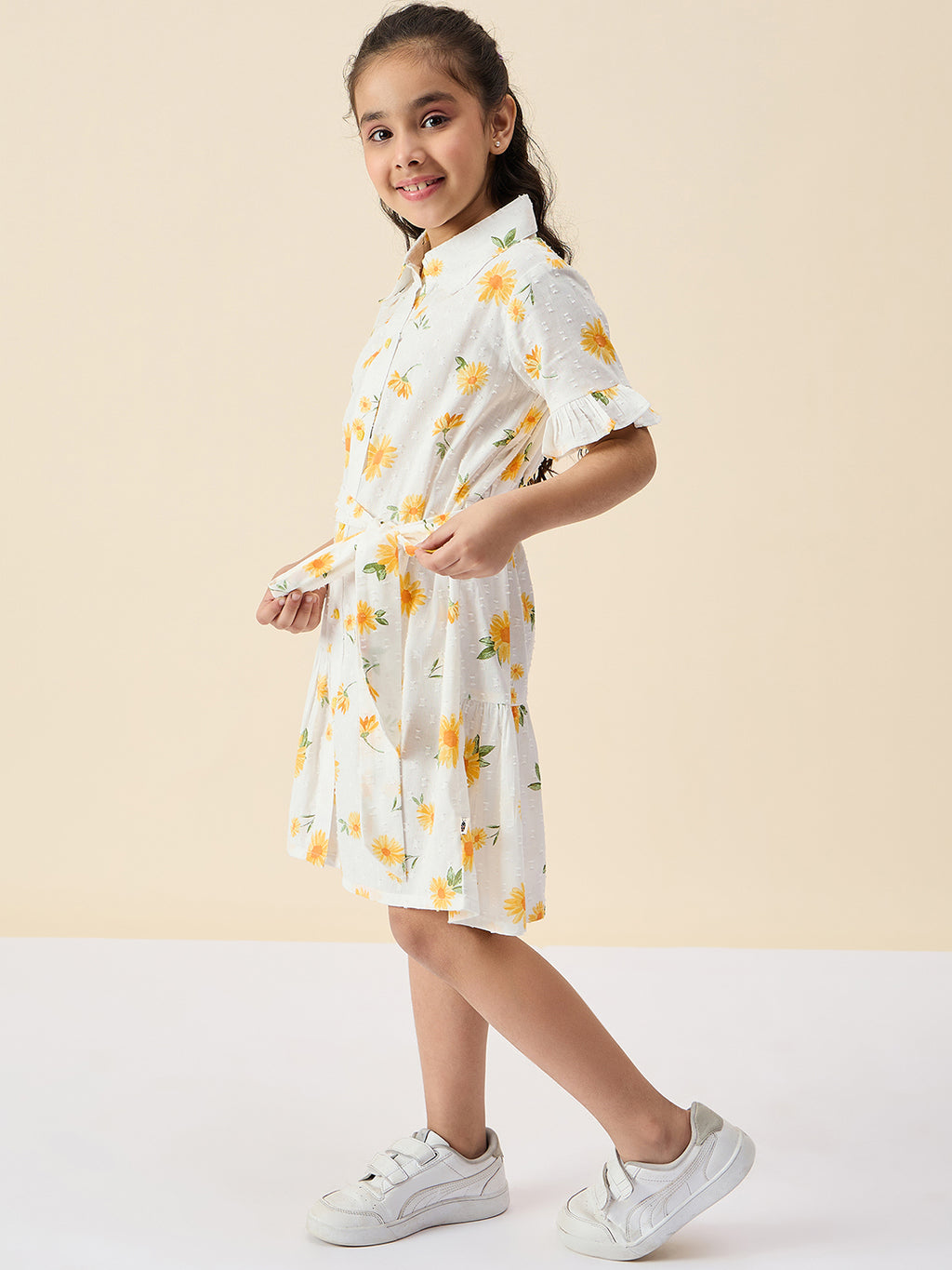 Girls Knee Length All over Print Dress - Yellow