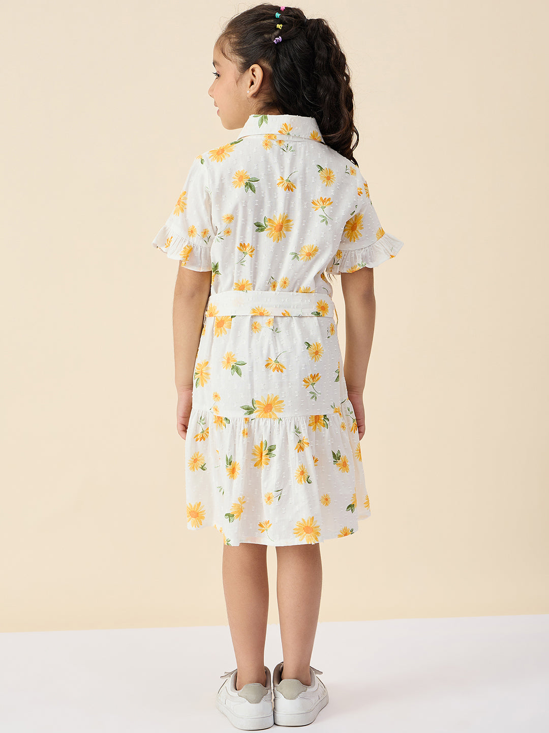 Girls Knee Length All over Print Dress - Yellow