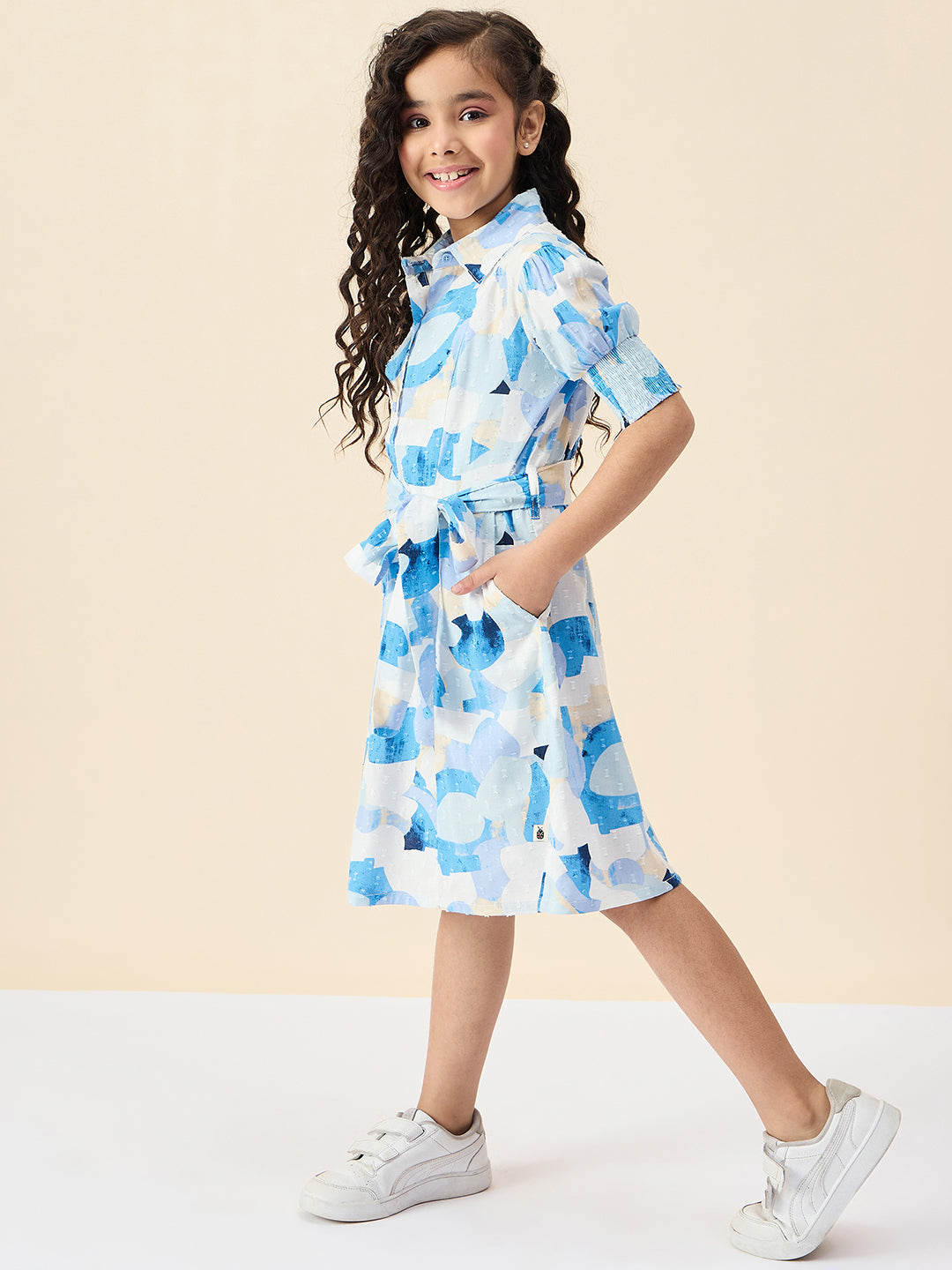 Girls Knee Length All over Print Dress - Blue