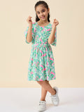 Girls Knee Length All over Print Dress - Green