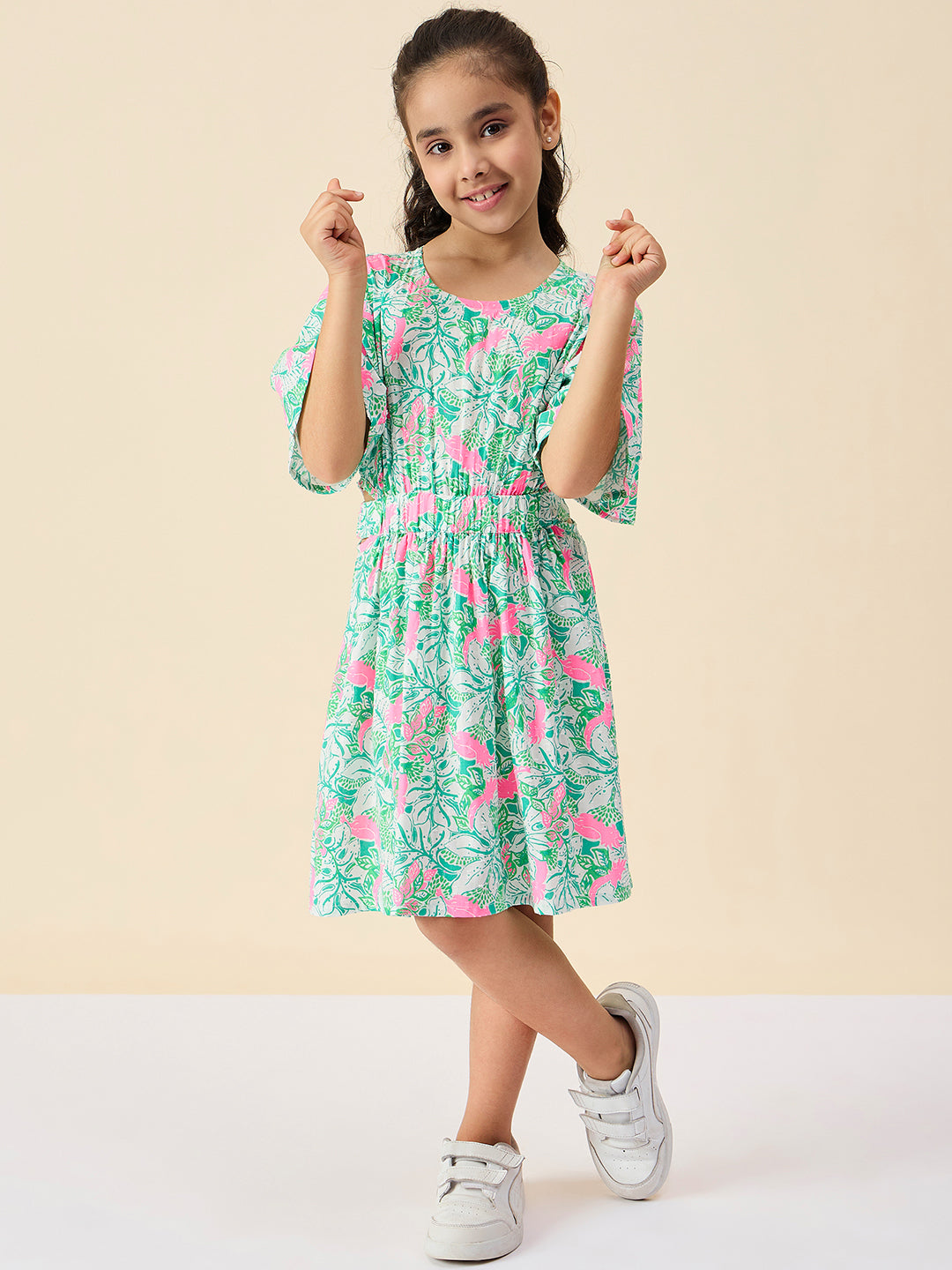 Girls Knee Length All over Print Dress - Green