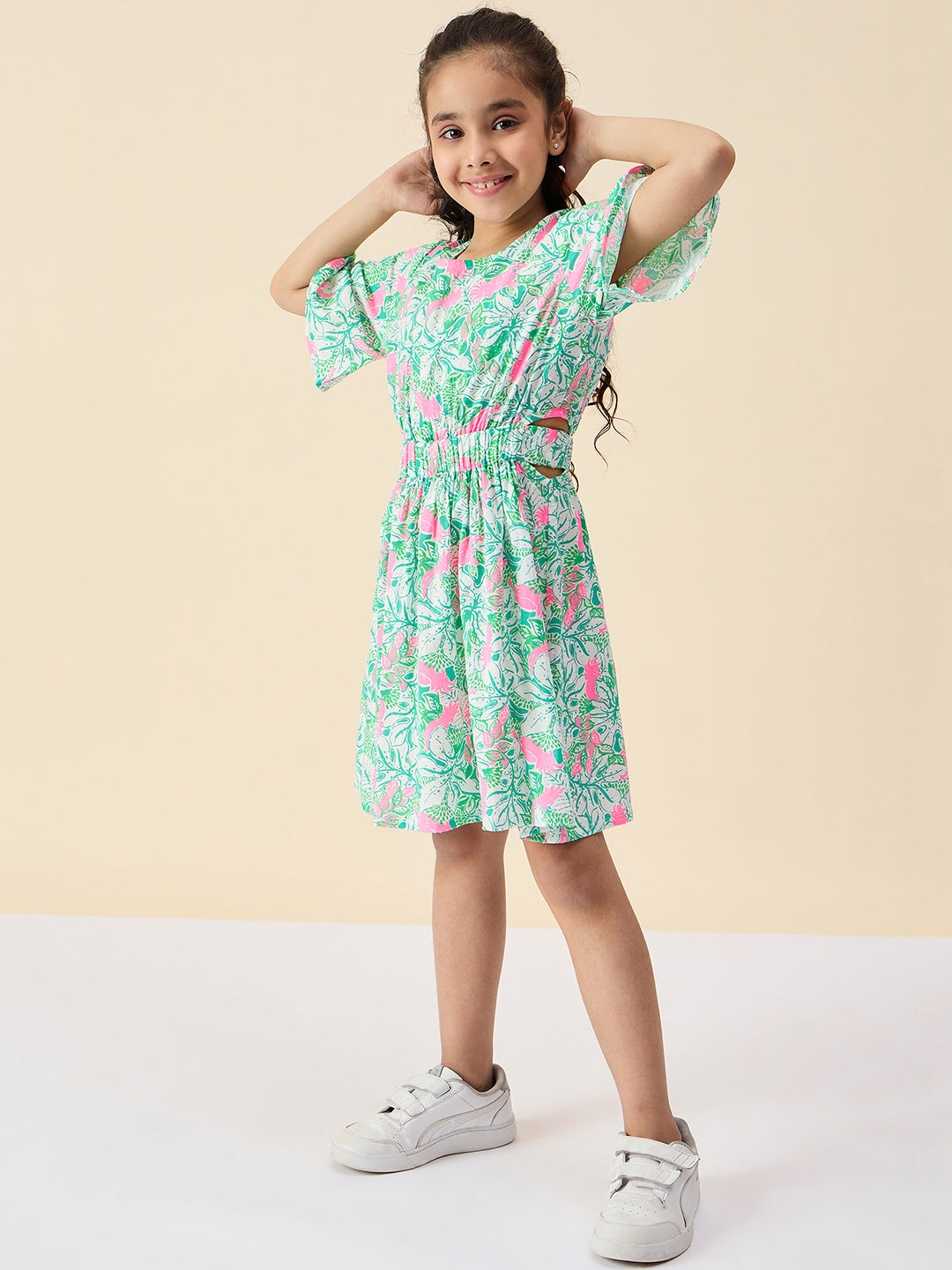 Girls Knee Length All over Print Dress - Green