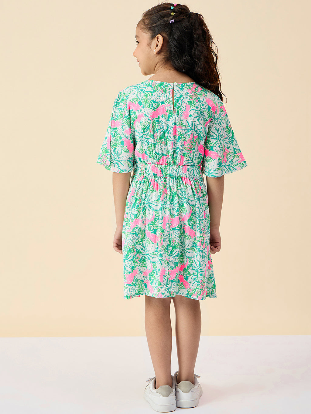 Girls Knee Length All over Print Dress - Green