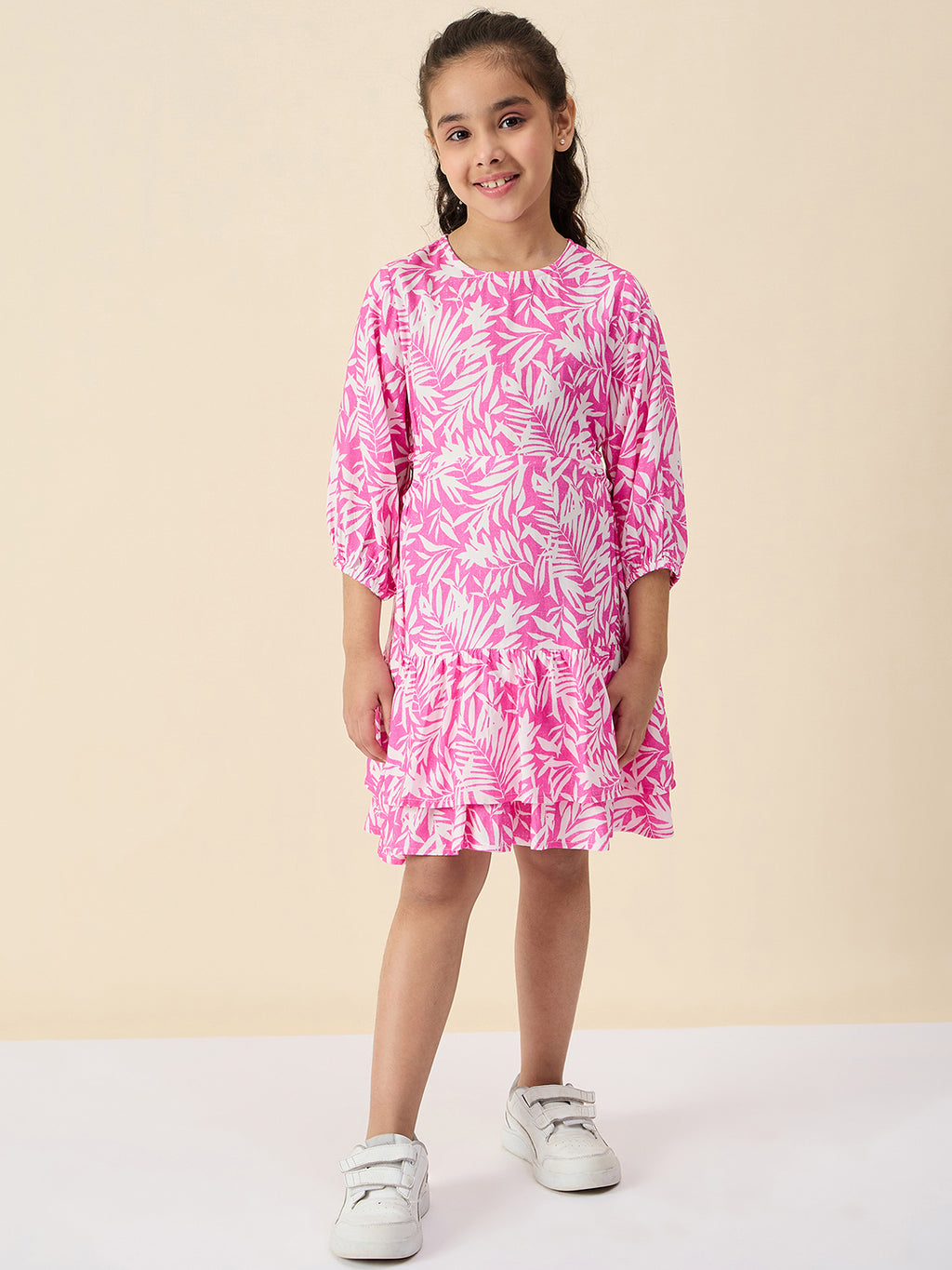 Girls Knee Length All over Print Dress - Pink