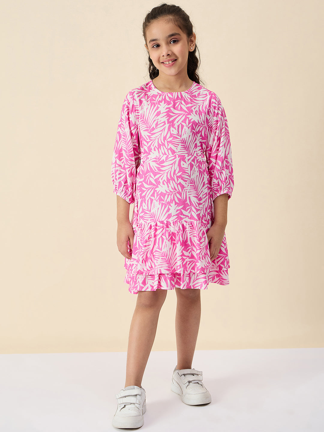 Girls Knee Length All over Print Dress - Pink