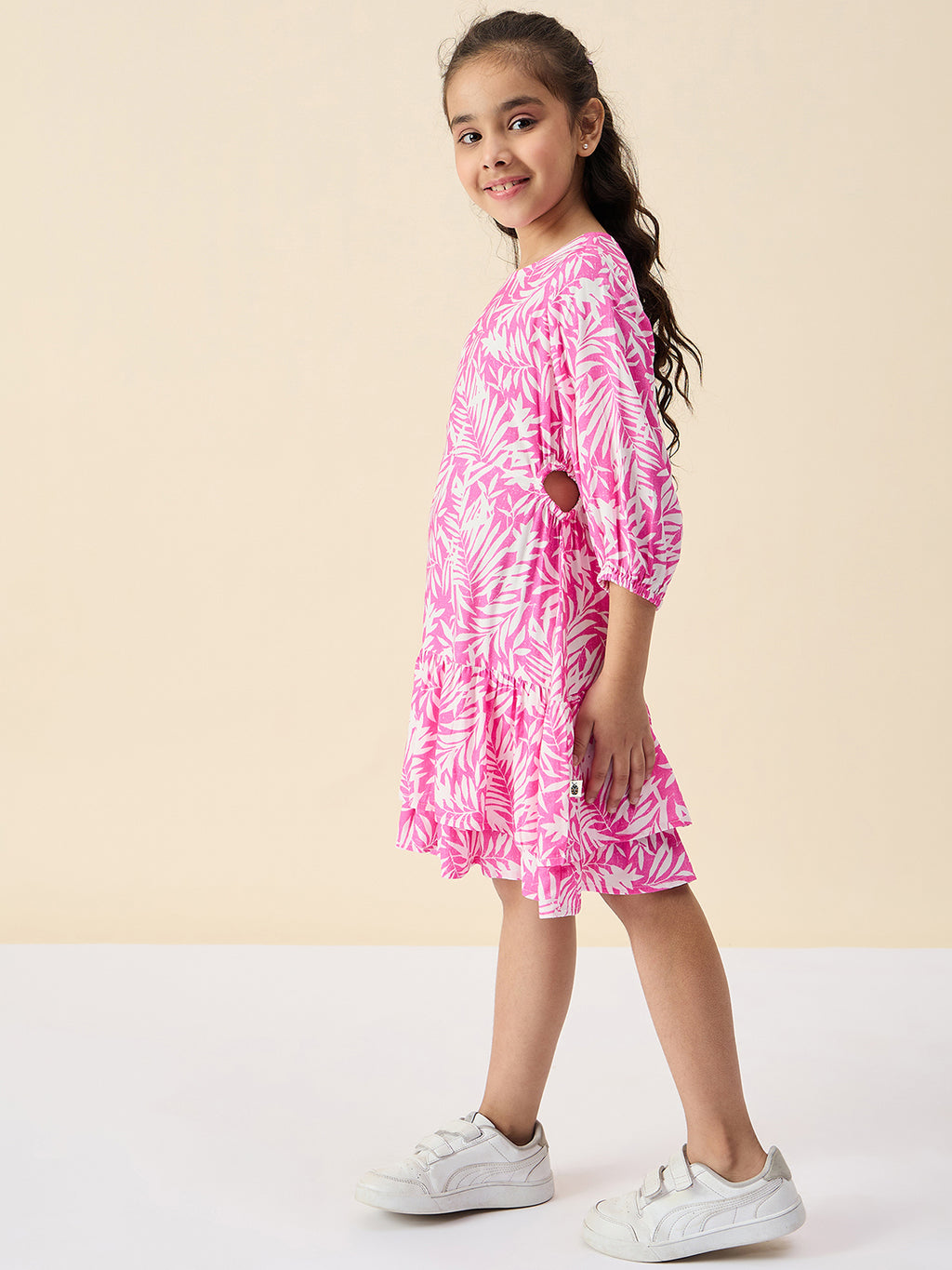 Girls Knee Length All over Print Dress - Pink