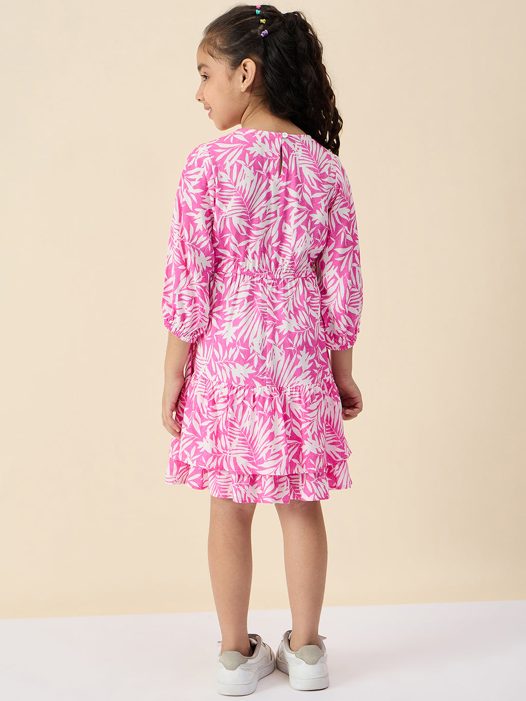 Girls Knee Length All over Print Dress - Pink