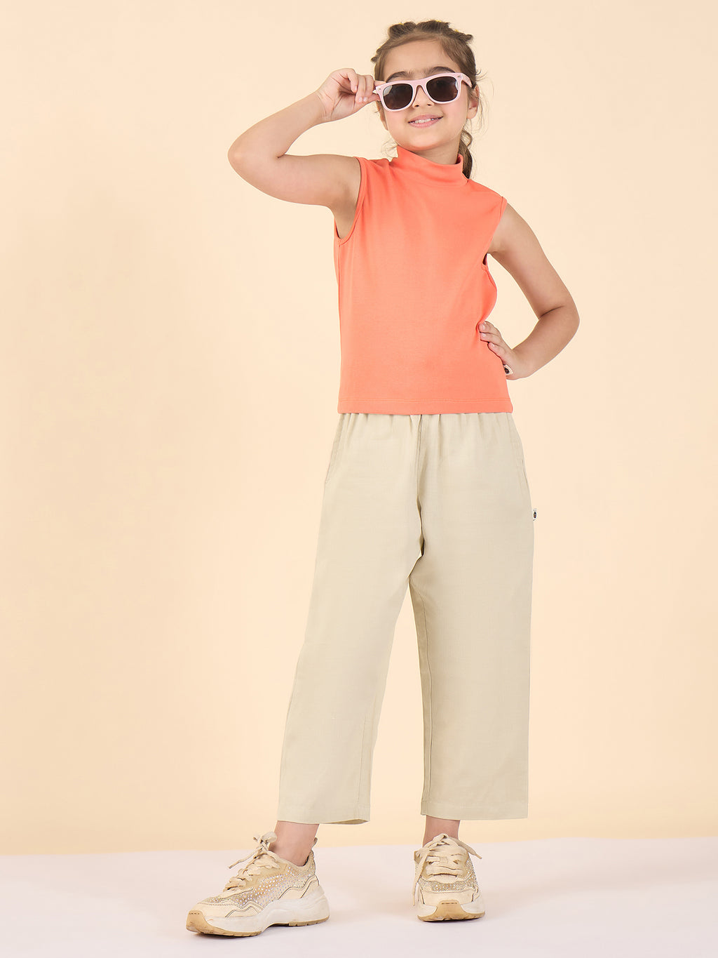 Girls Ankle Length Solid Cargo Pants - Cream