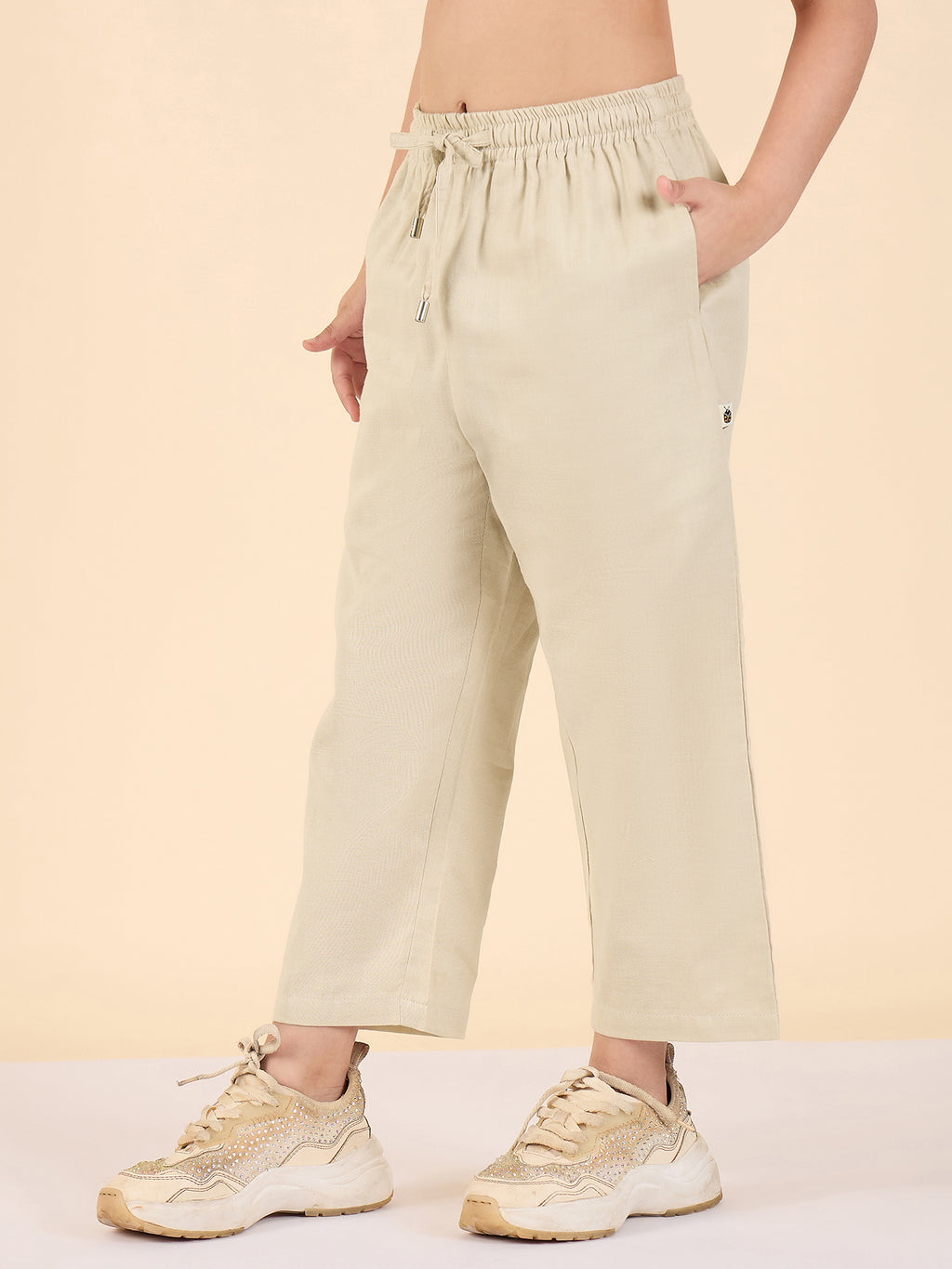 Girls Ankle Length Solid Cargo Pants - Cream